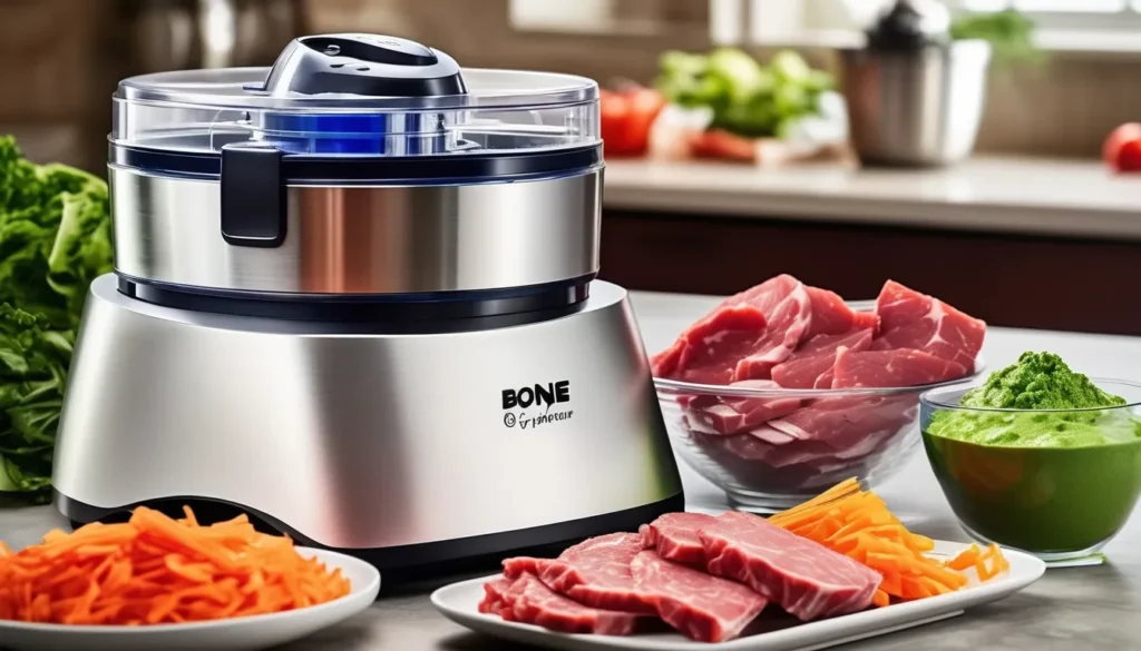 Bone grinder processing raw meaty bones, with a dehydrator and blender for cat food preparation.