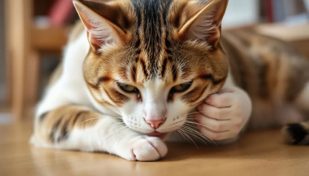 A close-up of a cat scratching its skin with irritated patches and another cat vomiting.