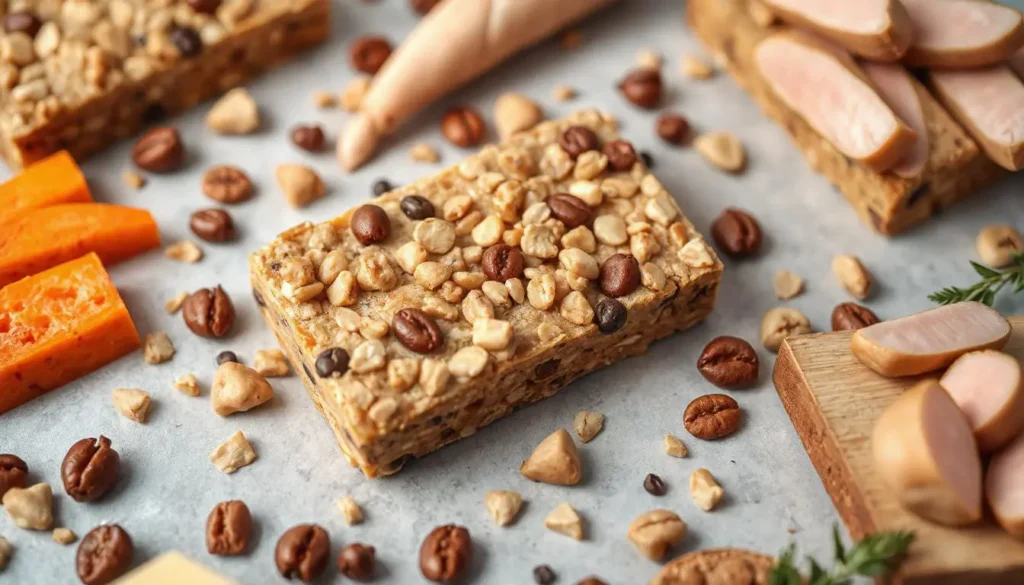 Grain-free treats surrounded by natural ingredients like chicken and tuna.