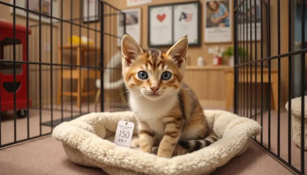 A Maine Coon kitten in an adoption center with a visible price tag.

