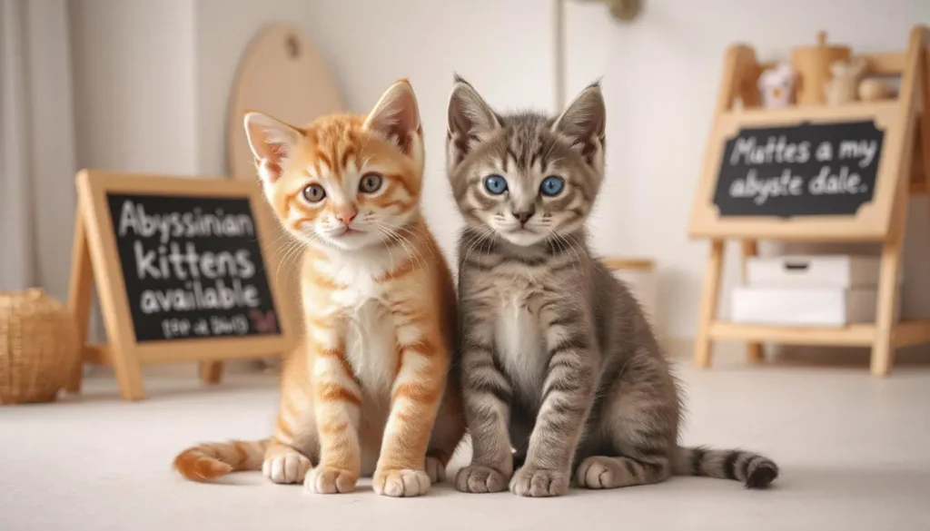 Two abyssinian cat kitten meme, in cinnamon and grey, highlight the breed’s diversity and charm, one with a cinnamon coat and another in grey, sitting in a clean breeder’s room.