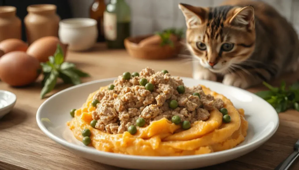 Ground turkey mixed with mashed sweet potatoes and steamed peas, served in a clean bowl.