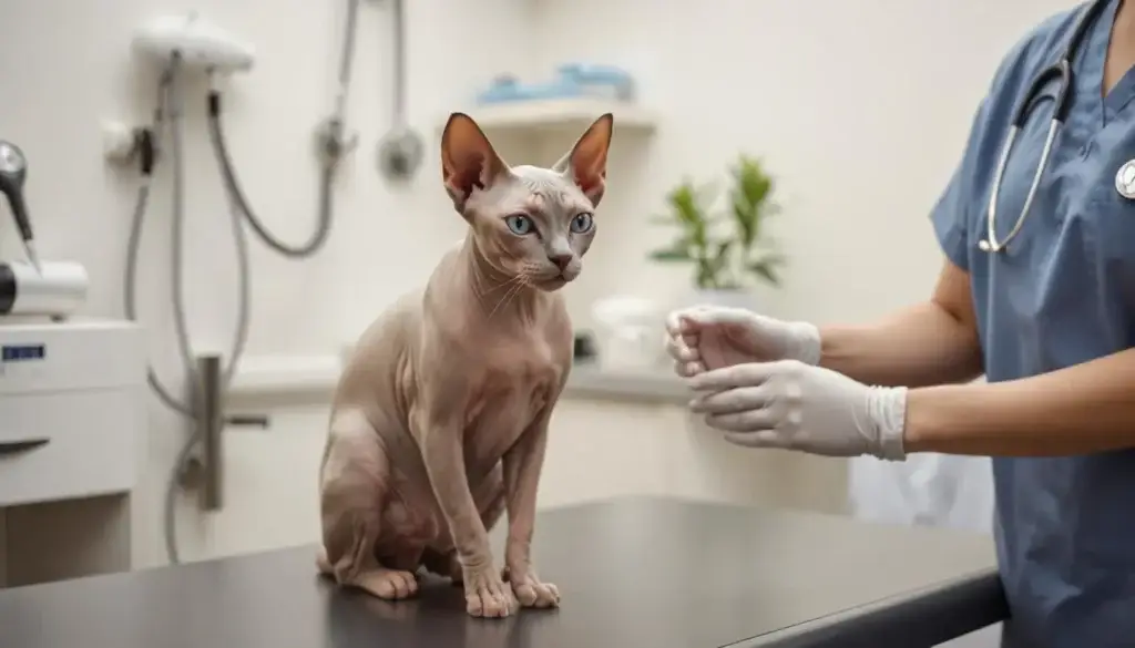 Sphynx cat on a veterinary table during a health check.