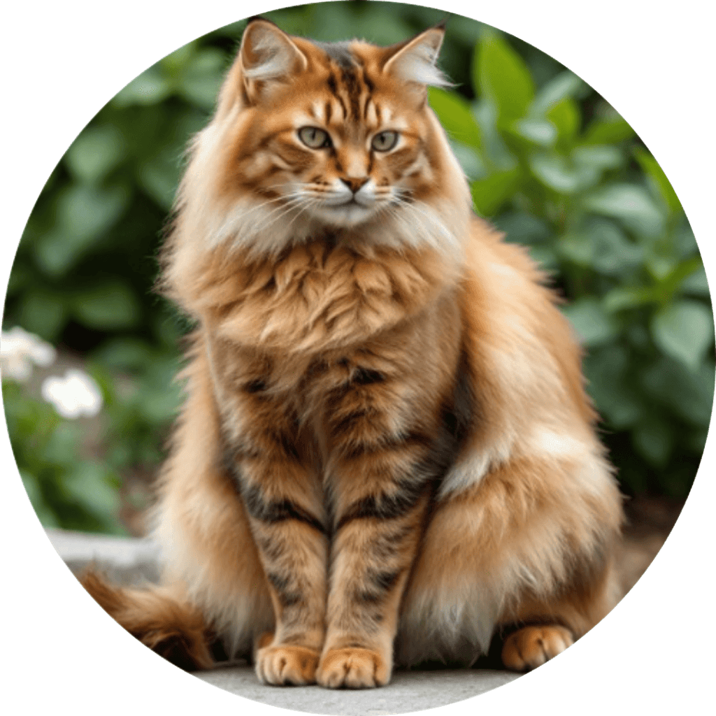 Large Maine Coon with tufted ears and bushy tail on a rock in a garden.