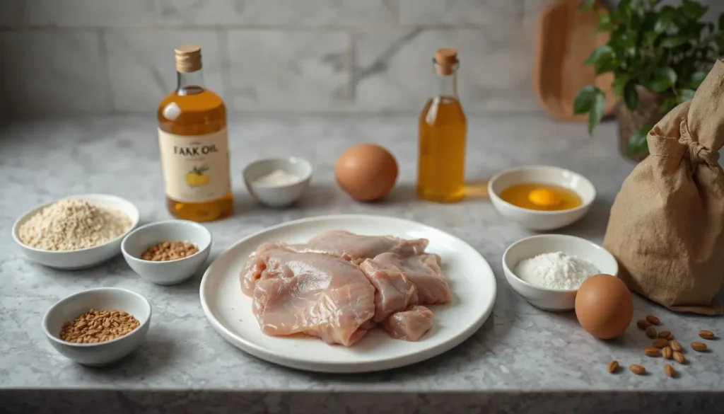 A kitchen counter with raw chicken, liver, eggs, fish oil, and supplements ready for preparation.