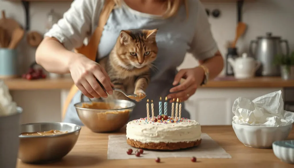 A cat owner baking a homemade birthday cake for their cat, mixing ingredients in a bowl.