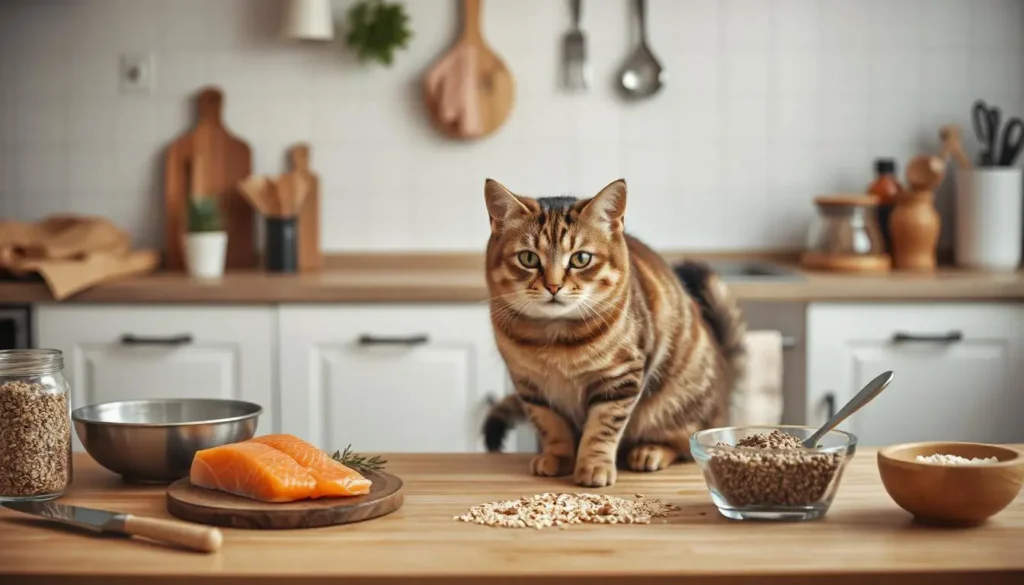 Fresh salmon, sardines, chia seeds, and flaxseeds arranged on a counter with a curious cat nearby.