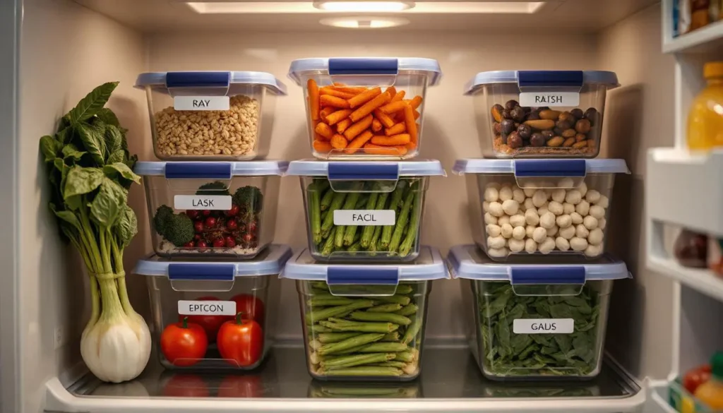 Airtight containers with raw food stored neatly in a refrigerator.