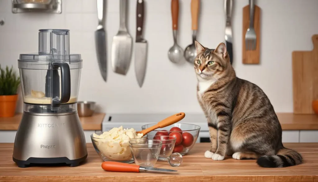 Human hands chopping meat, adding vegetables, and mixing ingredients in a bowl, with a cat waiting nearby.