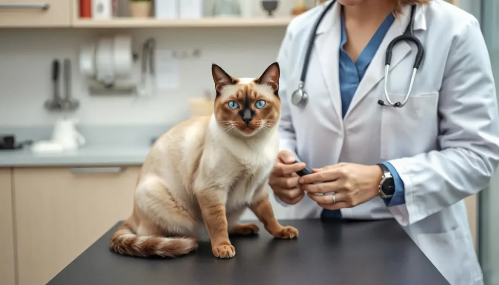 A Siamese cat sitting on a vet’s table during a health check-up