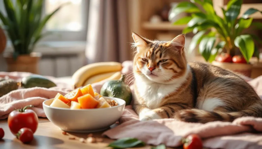 A peaceful cat resting beside a food bowl filled with healthy ingredients, with soft light and greenery in the background.