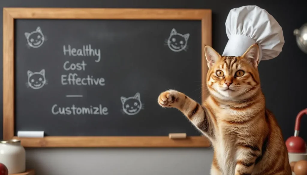 A cat in a chef’s hat pointing to a chalkboard with the benefits of homemade cat treats written on it.