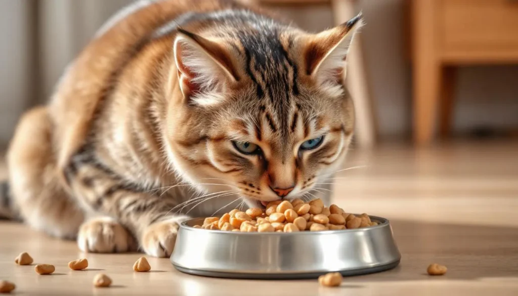 A cat eating duck-based cat food in a peaceful home environment.