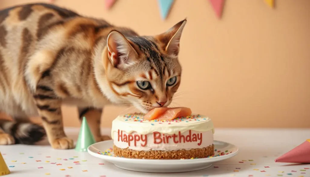 A cat enjoying a birthday cake made with tuna and salmon, placed on a decorated plate.