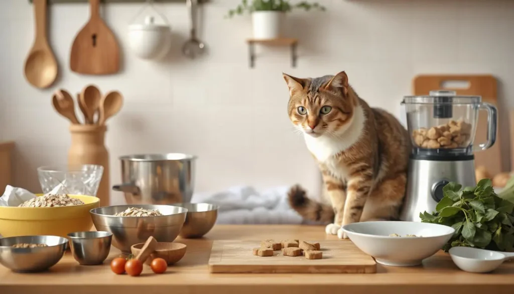 Essential kitchen tools and ingredients for making homemade cat treats, including mixing bowls, food processor, and healthy ingredients.