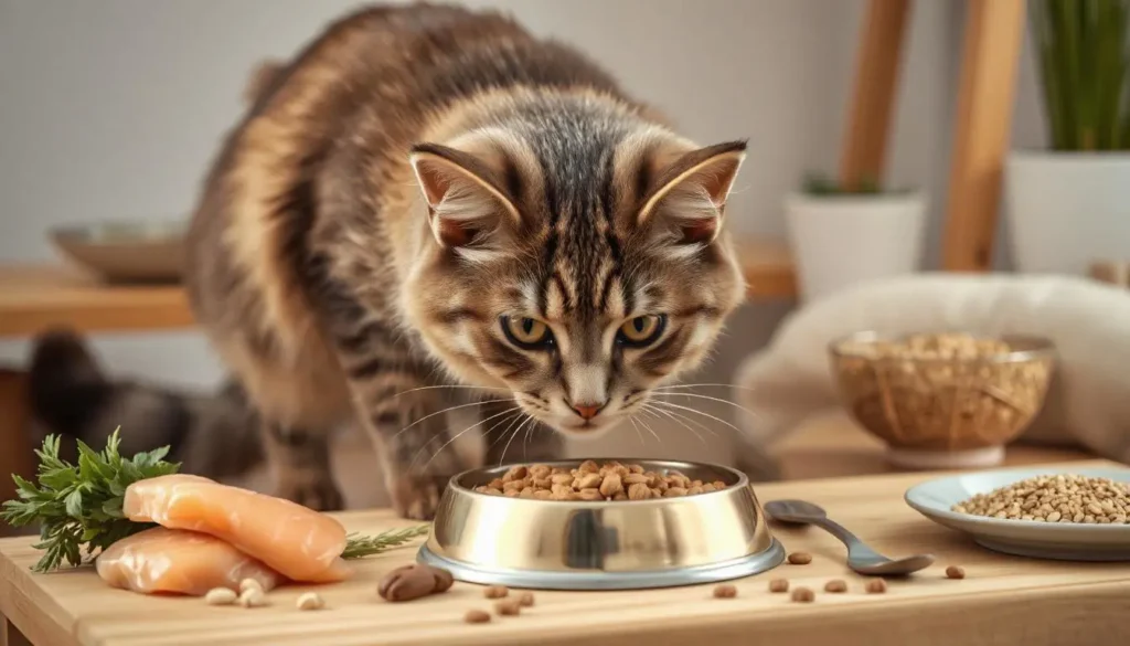 Scottish Fold cat eating high-quality food from a bowl.