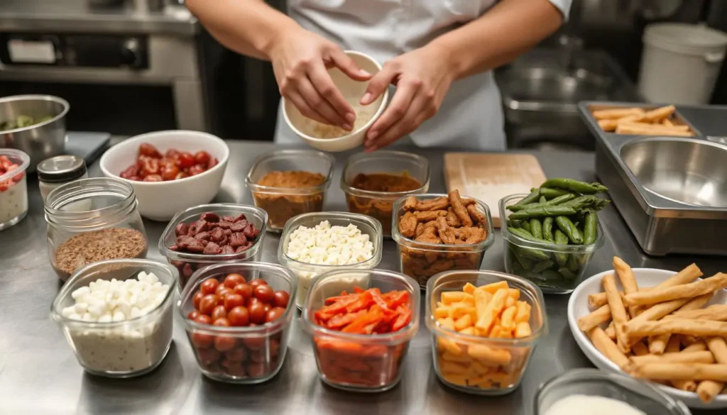 Raw food ingredients being portioned into individual containers on a kitchen countertop.