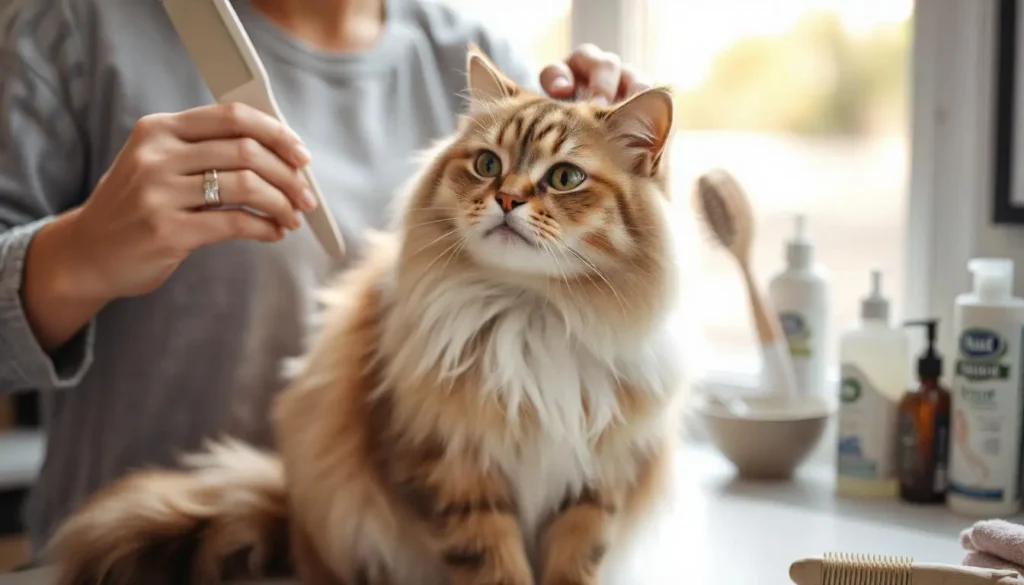 A persian kitty being groomed by its owner with a comb in a bright room, surrounded by grooming supplies.