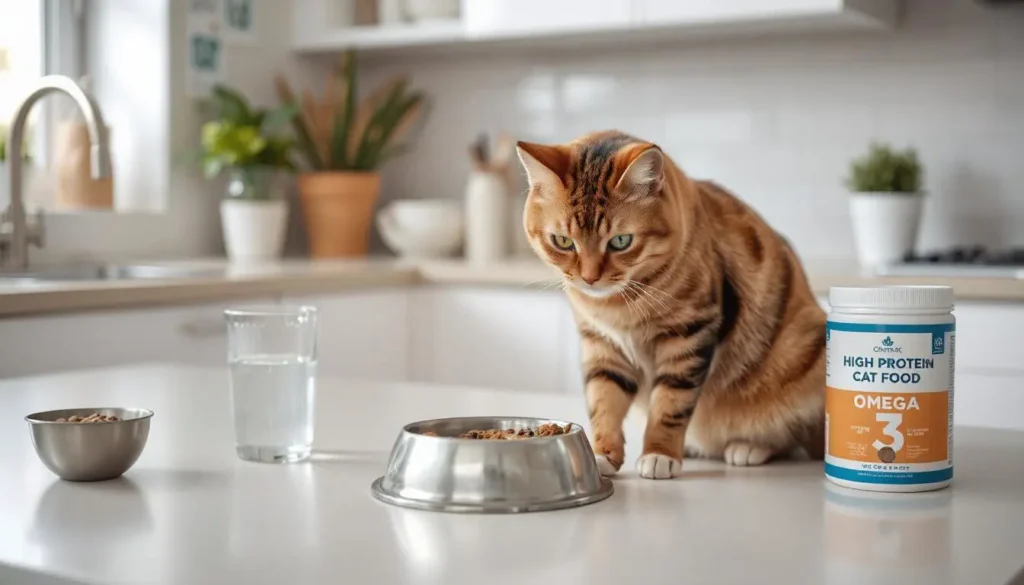 An Abyssinian cat eating from a stainless steel bowl on a modern kitchen counter.