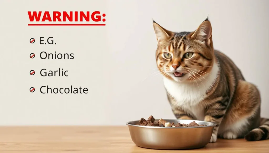 A checklist of harmful foods for cats, like onions and chocolate, with a red "X" over them, beside a safe bowl of food.