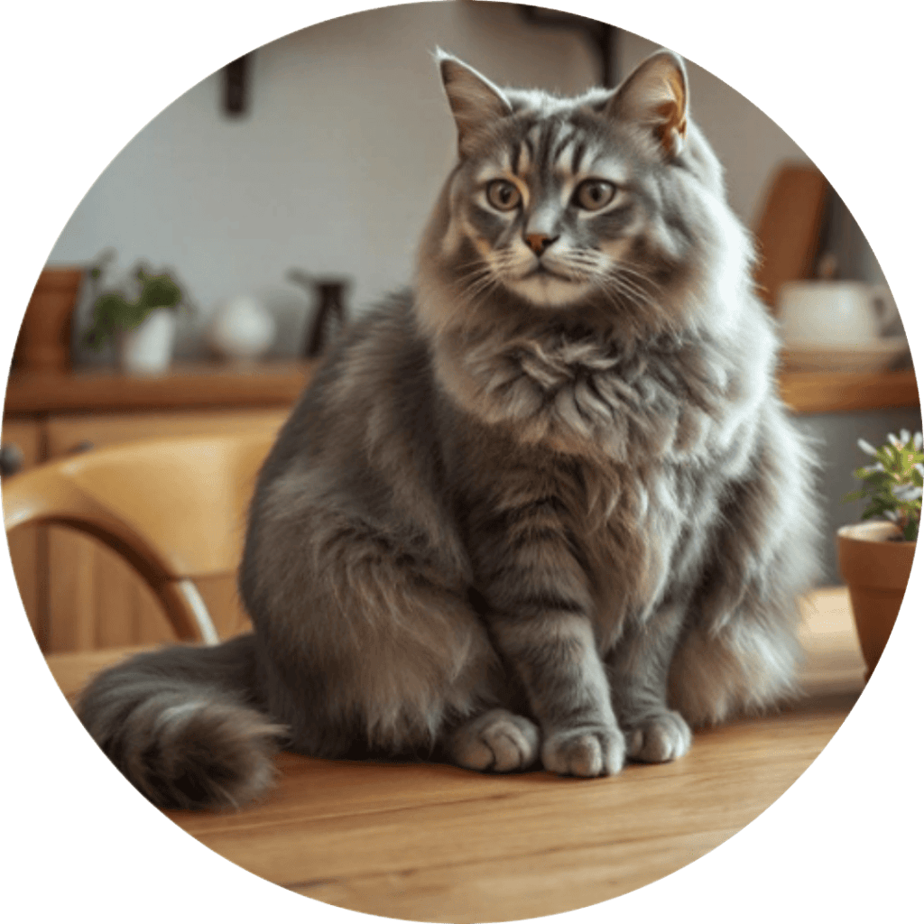 British Shorthair with a gray-blue coat sitting on a wooden table.