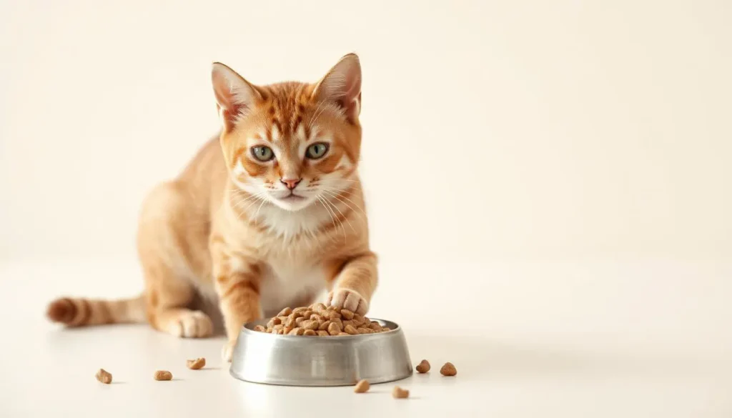 A healthy cat sitting next to natural, grain-free, high-protein cat food.