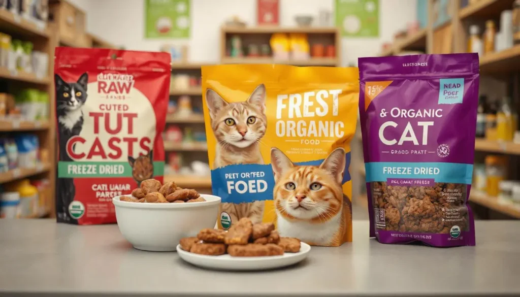 A variety of top-rated commercial raw cat food brands displayed on a shelf, including freeze-dried and fresh options.