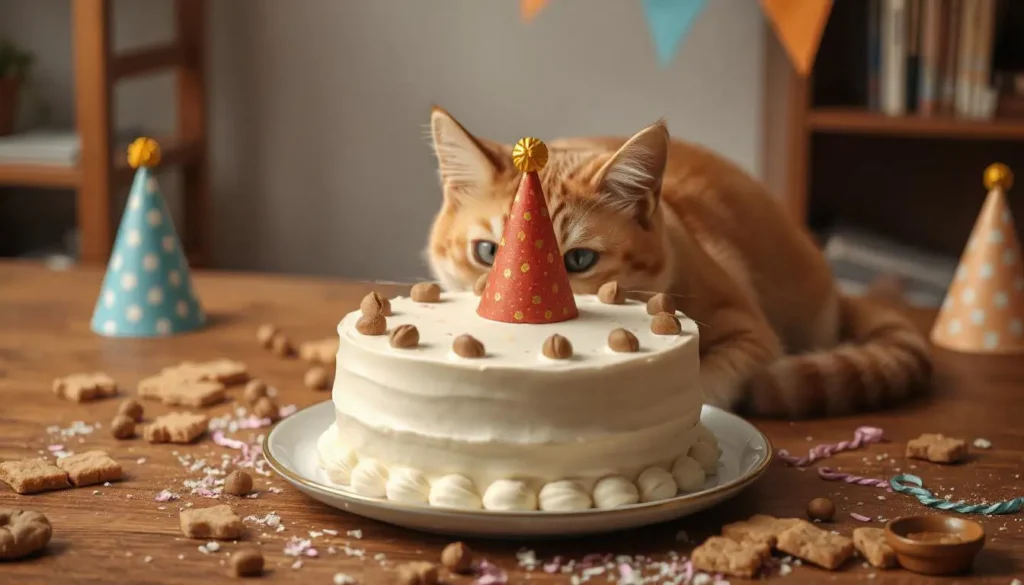 A homemade cat birthday cake served on a themed plate with party decorations.