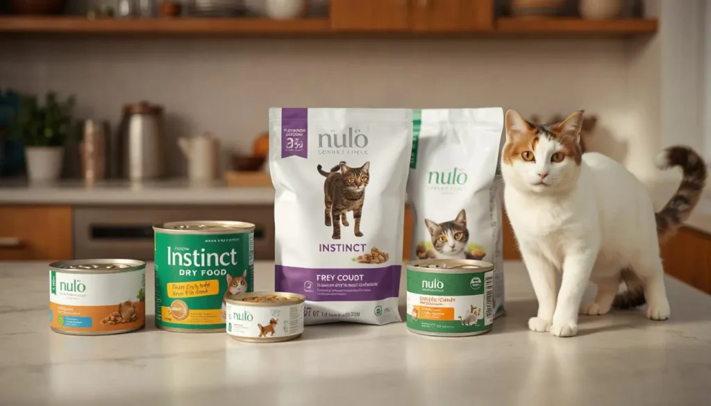 Selection of wet, instinct, and nulo cat foods on a kitchen counter, showcasing different options for cat health.