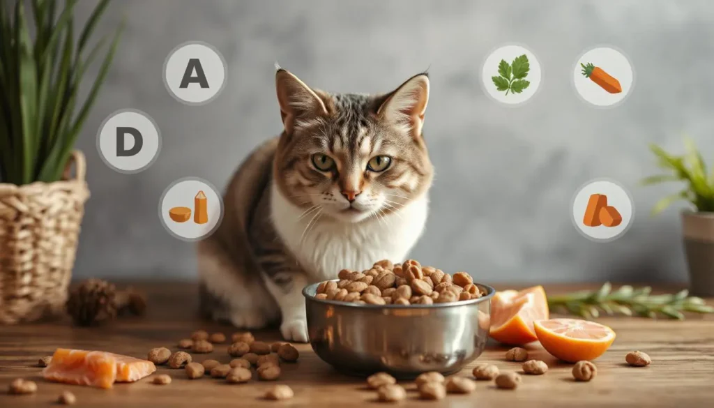 Vibrant icons representing vitamins and minerals found in wild-caught salmon, surrounding cat food.