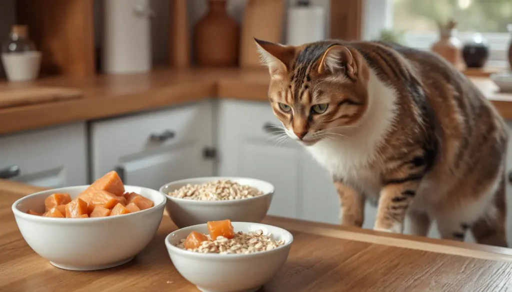 A rustic kitchen counter with salmon, oats, and honey ready for homemade cat treats.