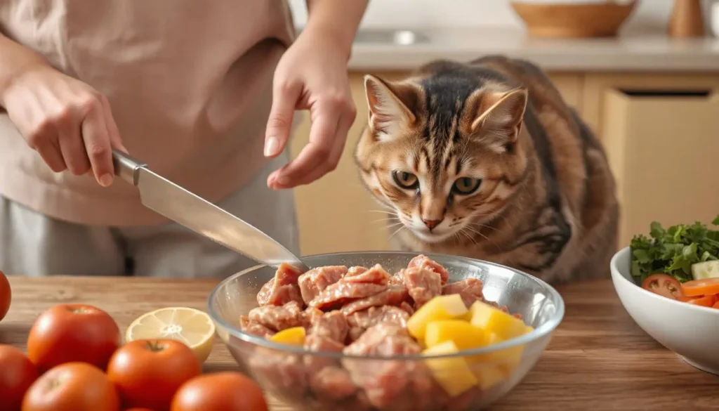 Various cuts of raw and cooked meats like chicken, fish, and liver on a clean cutting board, with a cat watching.