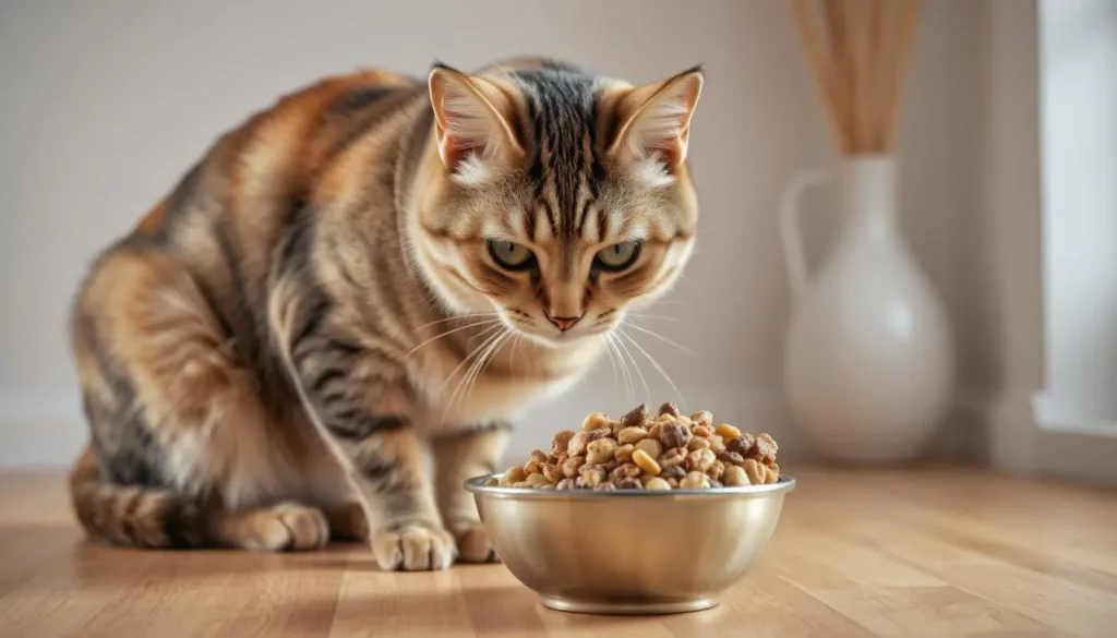 A cat gradually adjusting to a new raw diet, mixing old food with new.