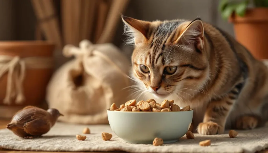 A cat eating quail-based cat food, surrounded by a natural environment.