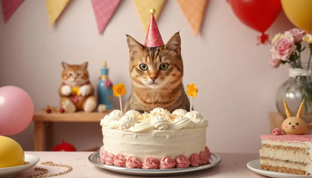 Birthday cake for cats made with healthy and safe ingredients like tuna, salmon, and catnip, decorated for a special cat birthday celebration.