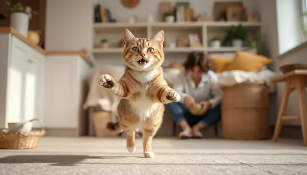 Playful, energetic cat exploring its environment after switching to raw food.