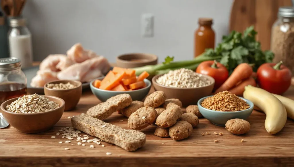 A selection of nutritious ingredients for homemade cat treats, including chicken, salmon, vegetables, and oats.