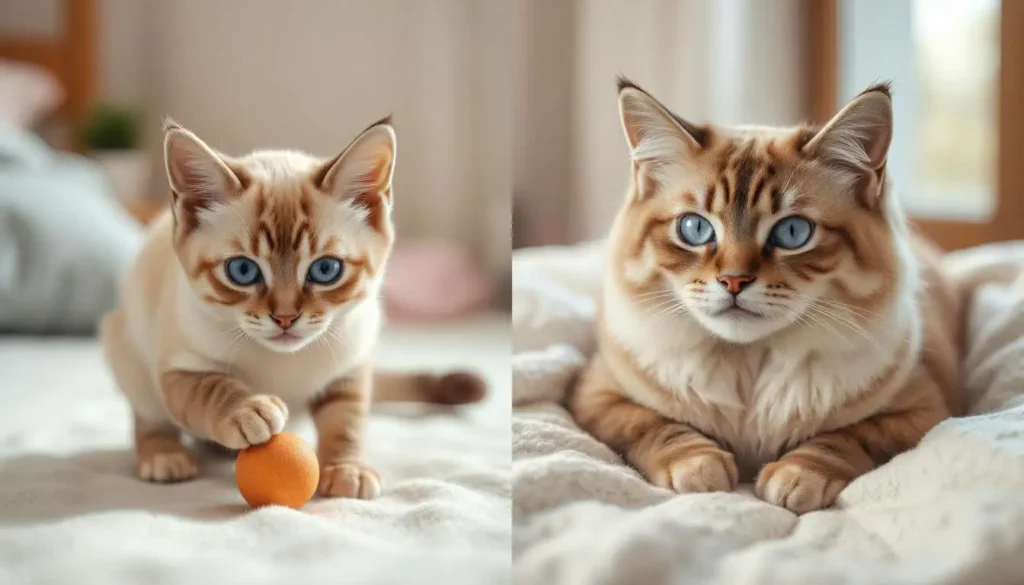 A playful Ragdoll kitten with a toy alongside a relaxed adult Ragdoll cat on a blanket.