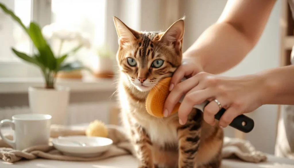 An Abyssinian cat being gently brushed by its owner with a soft-bristle brush.