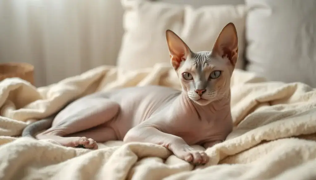 Sphynx cat relaxing on a soft beige blanket in a warm environment