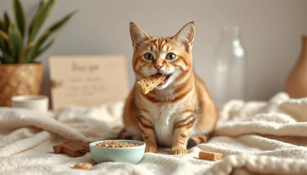 A cat enjoying a treat while sitting on a cozy blanket with ingredients and a recipe card in the background.