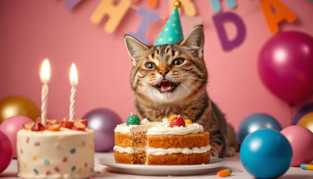 A cat happily enjoying a slice of birthday cake during a celebration.