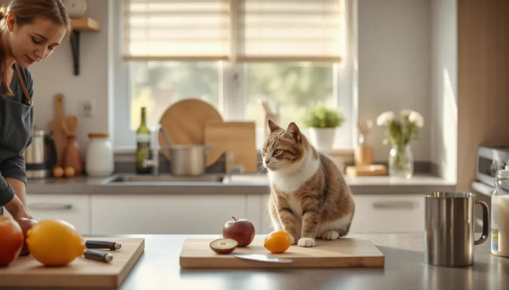 Clean kitchen with sanitized surfaces, food prep tools, and a pet owner washing hands.