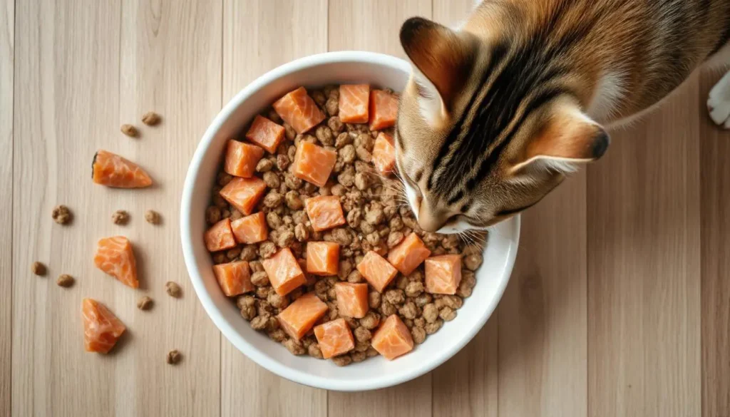 A top-down view of premium dry cat food with wild-caught salmon and additional healthy ingredients.