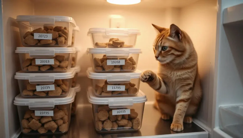 Homemade cat treats in airtight containers inside a refrigerator, labeled with dates.