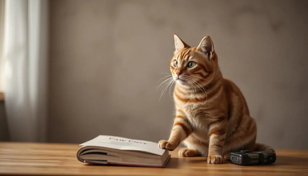 A curious cat next to an open book labeled "Raw Food Diet FAQ."