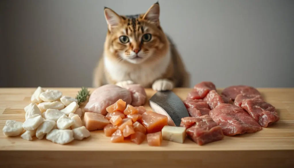 Small bowls with nutritional supplements like calcium powder and Vitamin A, next to a bowl of homemade cat food.