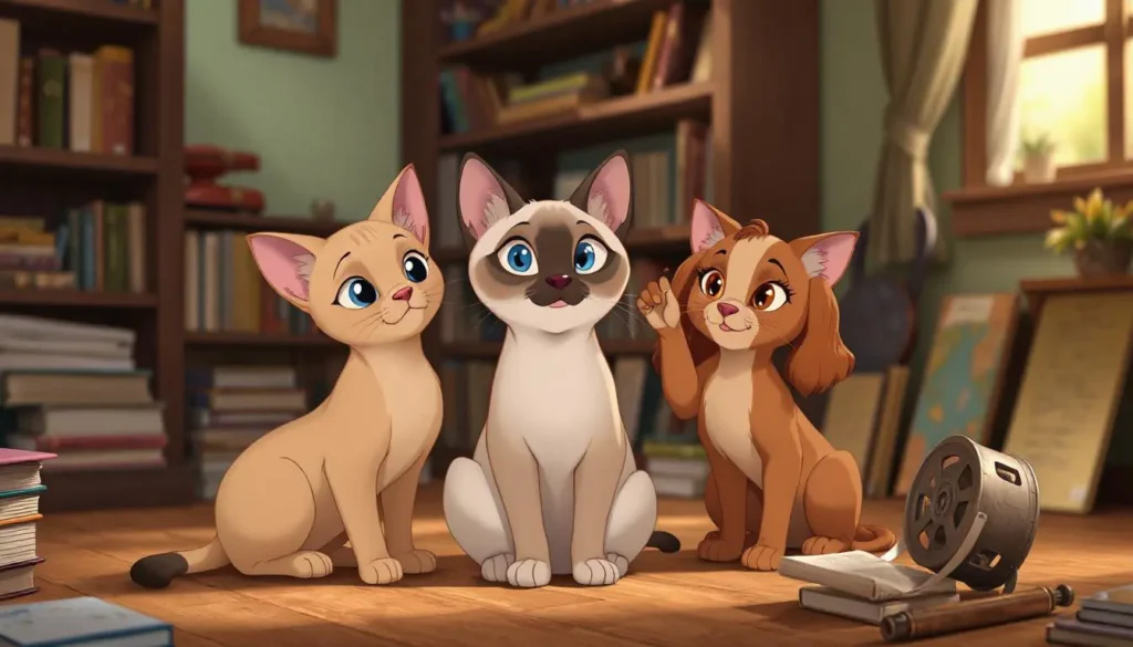 Animated characters Sagwa and the Siamese cats from "Lady and the Tramp" depicted together.