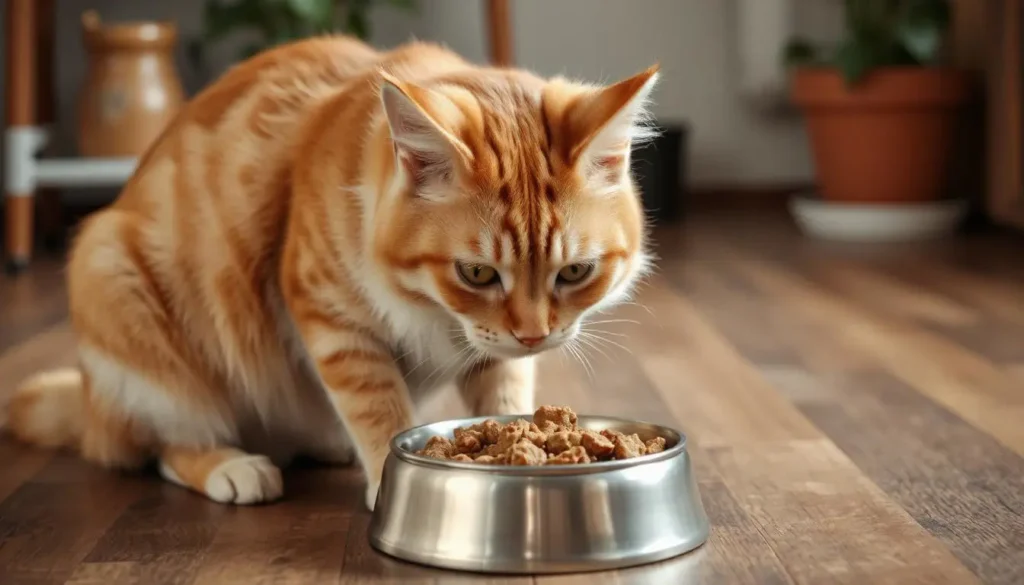 A cat eating venison-based food, looking healthy and content.