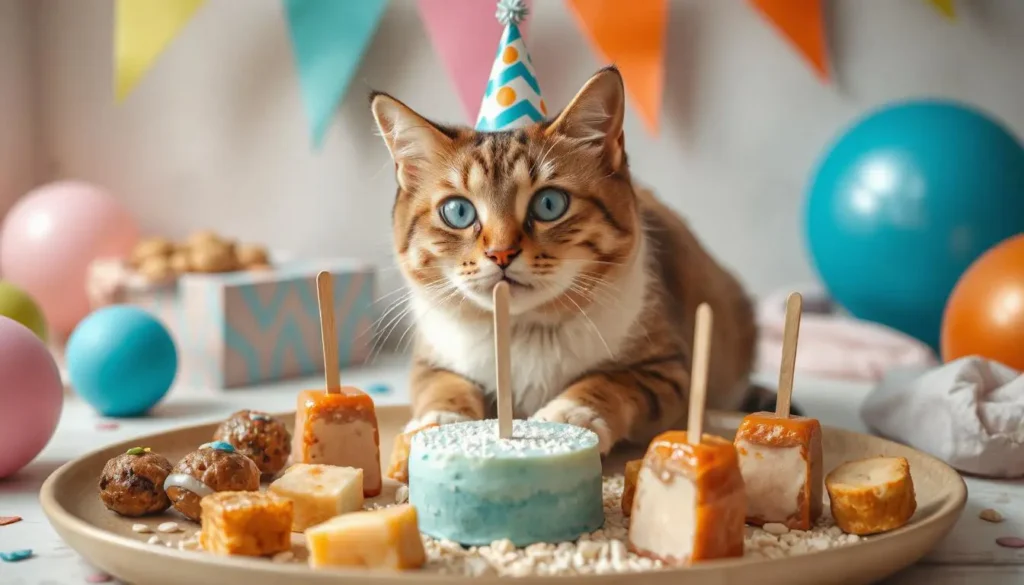 A variety of special birthday treats for cats, including frozen tuna popsicles and chicken bites.